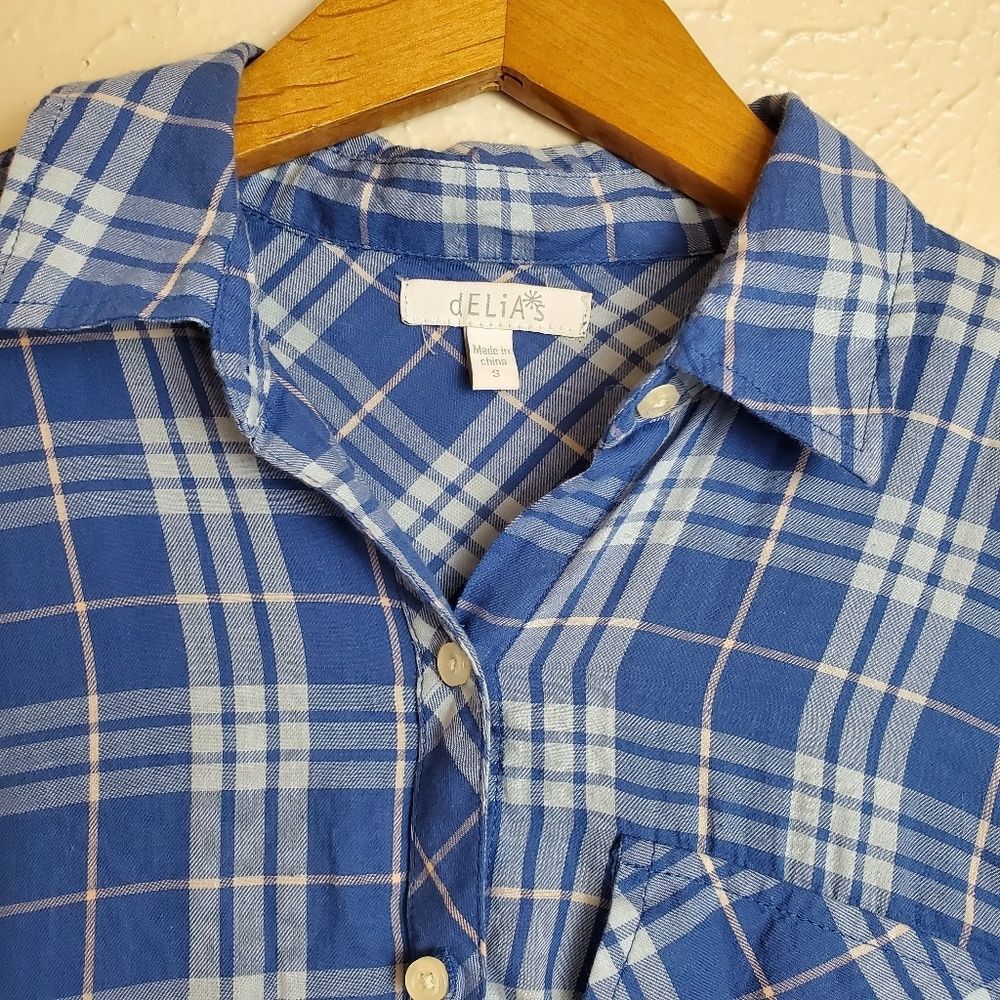 Delia's blue plaid collared button down - Picture 2 of 7